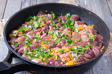 chicken liver fried in a pan with sunflower oil and onion