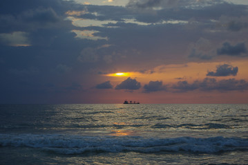  ship, sky, sunset, sun, sea, clouds, ocean,sunshine, waves, surf, tranquility, vacation, ship sails.