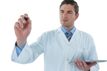 Doctor with tablet pretending to be using futuristic 