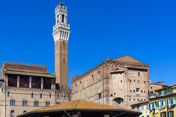 Fototapeta na wymiar tower of Mangia and Town Hall view from the market square, Siena, tuscany, italy
