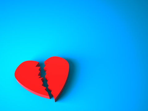 Broken heart on blue background with shadows. Shattered, cracked heart. Theme image for Valentine's Day or quarrel, scandal, betrayal, divorce with free copy space for text or design. 3d illustration
