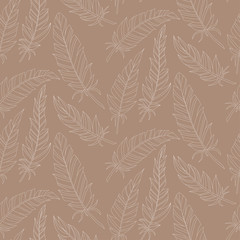 Seamless background vintage carved feathers. Pattern. White feathers on a colored background.