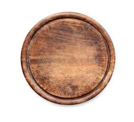 Wooden round board for pizza isolated on white