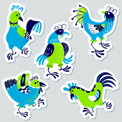 Stickers set with decorative roosters. Isolated farm pets. Cartoon characters