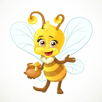 Cute bee with a clay pot full of honey and says something stand