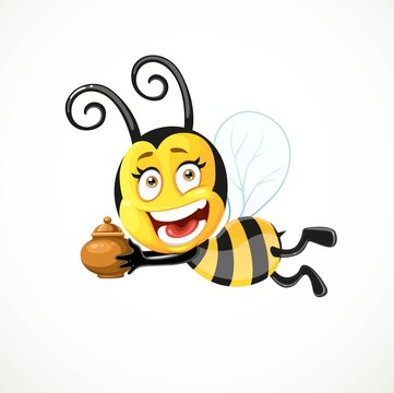 Cartoon bee flies with a clay pot isolated on a white background