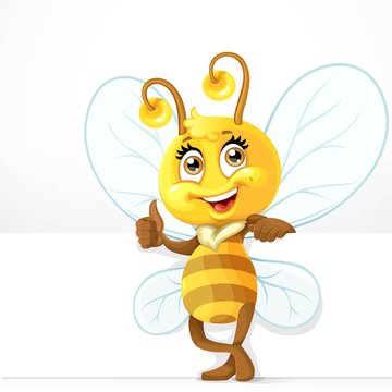 Cute bee with big white banner stand on a white background