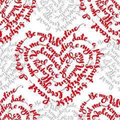 Red seamless pattern from by St. Valentine's Day white calligraphic inscription in the form of heart