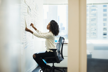 A woman sitting on a chair in an office arranging pieces of paper pinned on a whiteboard.
