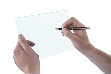 Man hand pretending to be writing on clipboard