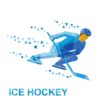 Winter sports - ice hockey. Cartoon player with hockey-stick rides on skates. Athlete in helmet hits the puck. Flat style vector clip art isolated on white background.
