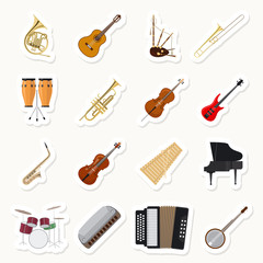 Musical instruments stickers set. Orchestra music band vector illustration