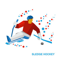 Winter sports - sledge hockey. Disabled player with hockey-sticks on ice. Sportsman with physical disabilities strikes the puck. Flat style vector clip art isolated on white background.