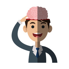 happy man cartoon with brain icon over white background. colorful design. vector illustration