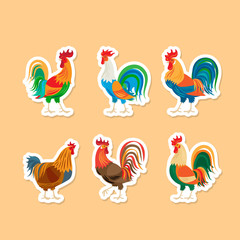 Roosters stickers. Chickens farm cockerel set. Vector illustration