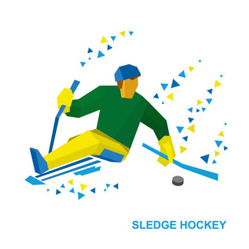 Winter sports - sledge hockey. Disabled player with hockey-sticks on ice. Sportsman with physical disabilities strikes the puck. Flat style vector clip art isolated on white background.