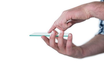 Man pretending to be using futuristic digital tablet