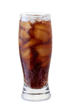 Glass of cola with ice cubes on white