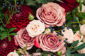 bouquet of roses red pink dahlia
