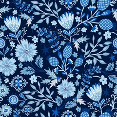 Vector seamless pattern of beautiful flowers in blue color palette 