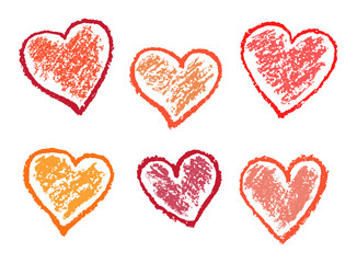 Set of wax crayon hand drawn red valentine`s day`s love heart on white. Like child`s painting pastel chalk art lines background. Color design elements, vector.