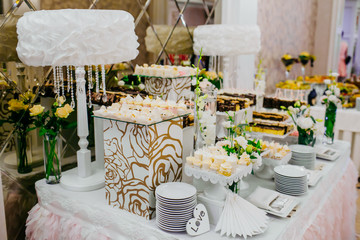 The different cakes stand on the buffet table