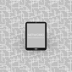 Networks, Connections, Mobility - Tablet PC on Black and White Mesh Pattern - Abstract Vector Background