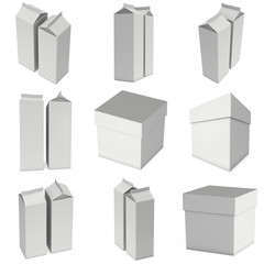 Milk or juice box set. Retail package mockup. 3d render illustration isolated on white.