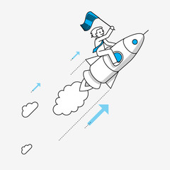 Businessman flying on rocket. Modern illustration in linear style infographics. - 134742344