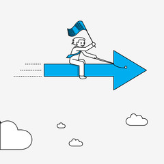 Businessman flying on arrow. Modern infographic illustration in linear style.