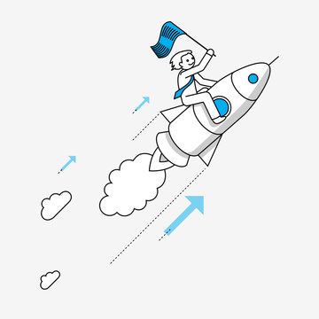 Businessman flying on rocket. Modern illustration in linear style infographics.