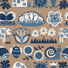 Floral seamless pattern with animals and insects.