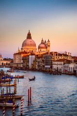 Cityscape view on Santa Maria della Salute basilica in sunset in Venice, Italy