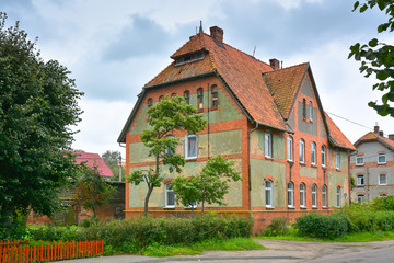 Fototapeta na wymiar Preserved old german house in Kaliningrad region, Russia