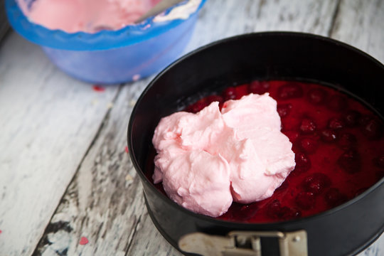 Preparing Cheesecake With Pink Marshmallow Fluff