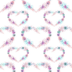 Seamless pattern with watercolor hearts of pink, mint and purple flowers, hand drawn on a white background