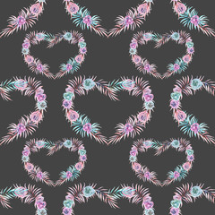 Seamless pattern with watercolor hearts of pink, mint and purple flowers, hand drawn on a dark background