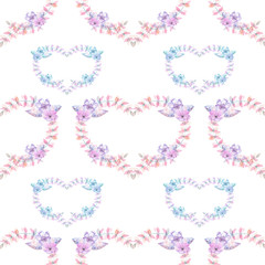 Seamless pattern with watercolor hearts of pink and purple flowers, hand drawn on a white background