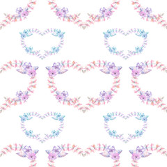 Seamless pattern with watercolor hearts of pink and purple flowers, hand drawn on a white background