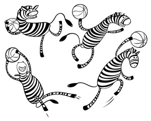 Basketball game set with doodle cute zebra player. Character wit ball © gollli