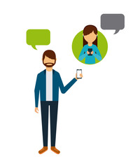 young man and woman using a smartphone over white background. colorful design. social media concept. vector illustration