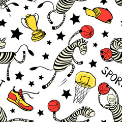 Basketball game seamless pattern with doodle cute zebra player.