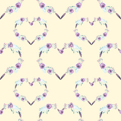 Seamless pattern with watercolor hearts of purple flowers, hand drawn on a tender light background