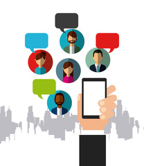 hand holding a smartphone and people avatar around over city background. colorful design. social media concept. vector illustration