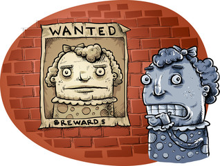A cartoon little girl is shocked and worried after finding her picture on a wanted poster hanging on a brick wall.