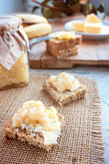 toasts with banana jam selective focus