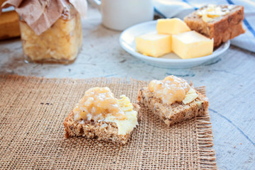 toasts with banana jam selective focus