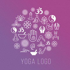 Yoga symbols in round label shape. Vector meditation and spiritual, harmony  health concept