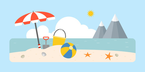 Beach scene with shovel and bucket, beach ball, umbrella on coastal landscape background, flat design for travel vacation business concept