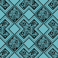Seamless vector decorative hand drawn pattern. Ethnic endless background with ornamental decorative elements with traditional motives, tribal geometric figures, dots and flowers.
